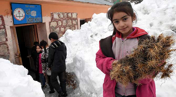 Öğrenciler her sabah kucaklarında odun, tezekle okula geliyor!